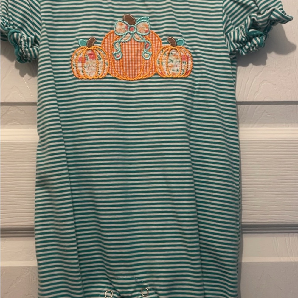 Striped Green Baby Romper with Pumpkin Applique